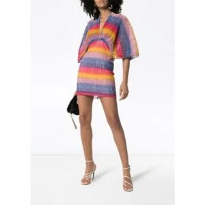 Rotate Birger Christensen Striped Plisse Mini Dress in Rainbow Metallic 36 US 4